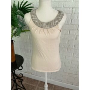 Ann Taylor Tank Top Womens Small Cream NWT Silk Blend Pearl Beaded Neck Shell